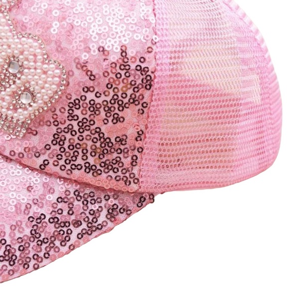 Girls Princess Diamond Pearl Shimmer Snap Back Summer Cap W/Breathable Mesh Pink - Picture 4 of 5